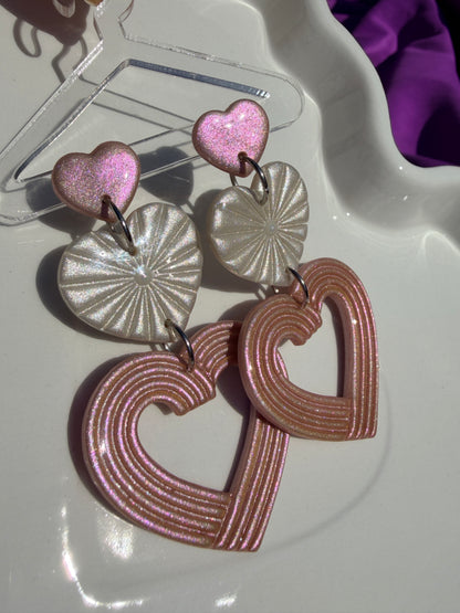 Lyra Starburst Fan Nested Heart Earrings - Pearl & Pink