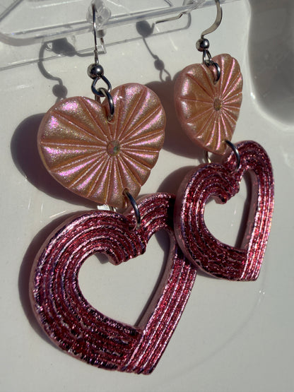 Lyra Starburst Art Deco Heart Earrings - Chrome & Colorshift Pink