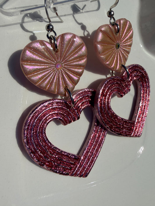 Lyra Starburst Art Deco Heart Earrings - Chrome & Colorshift Pink