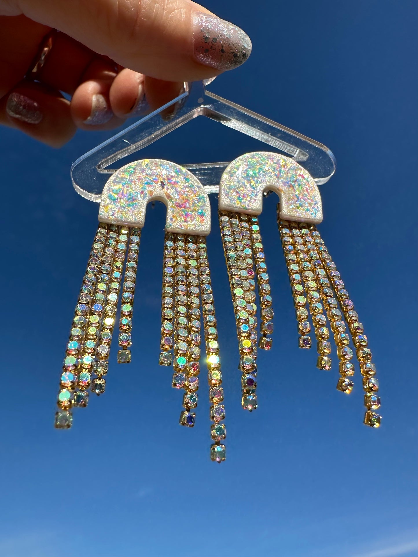 Skye Small Arch Long in Opalescent Pearl & Gold Rainbow Rhinestone Fringe Cascading Arch Statement Earrings