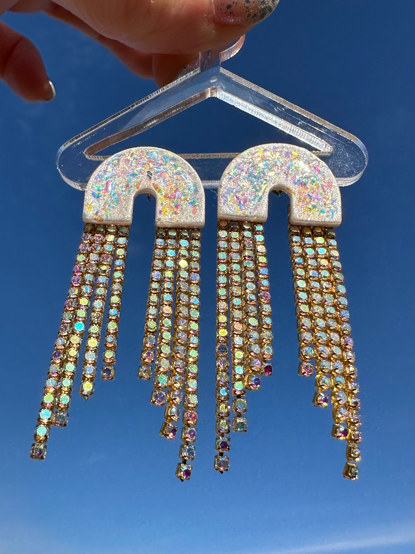 Skye Small Arch Long in Opalescent Pearl & Gold Rainbow Rhinestone Fringe Cascading Arch Statement Earrings