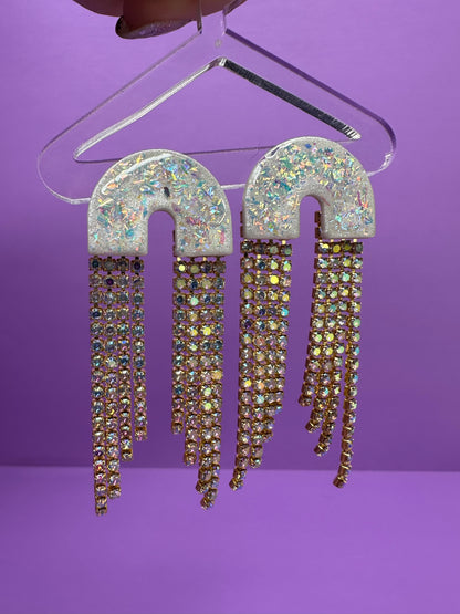 Skye Small Arch Long in Opalescent Pearl & Gold Rainbow Rhinestone Fringe Cascading Arch Statement Earrings