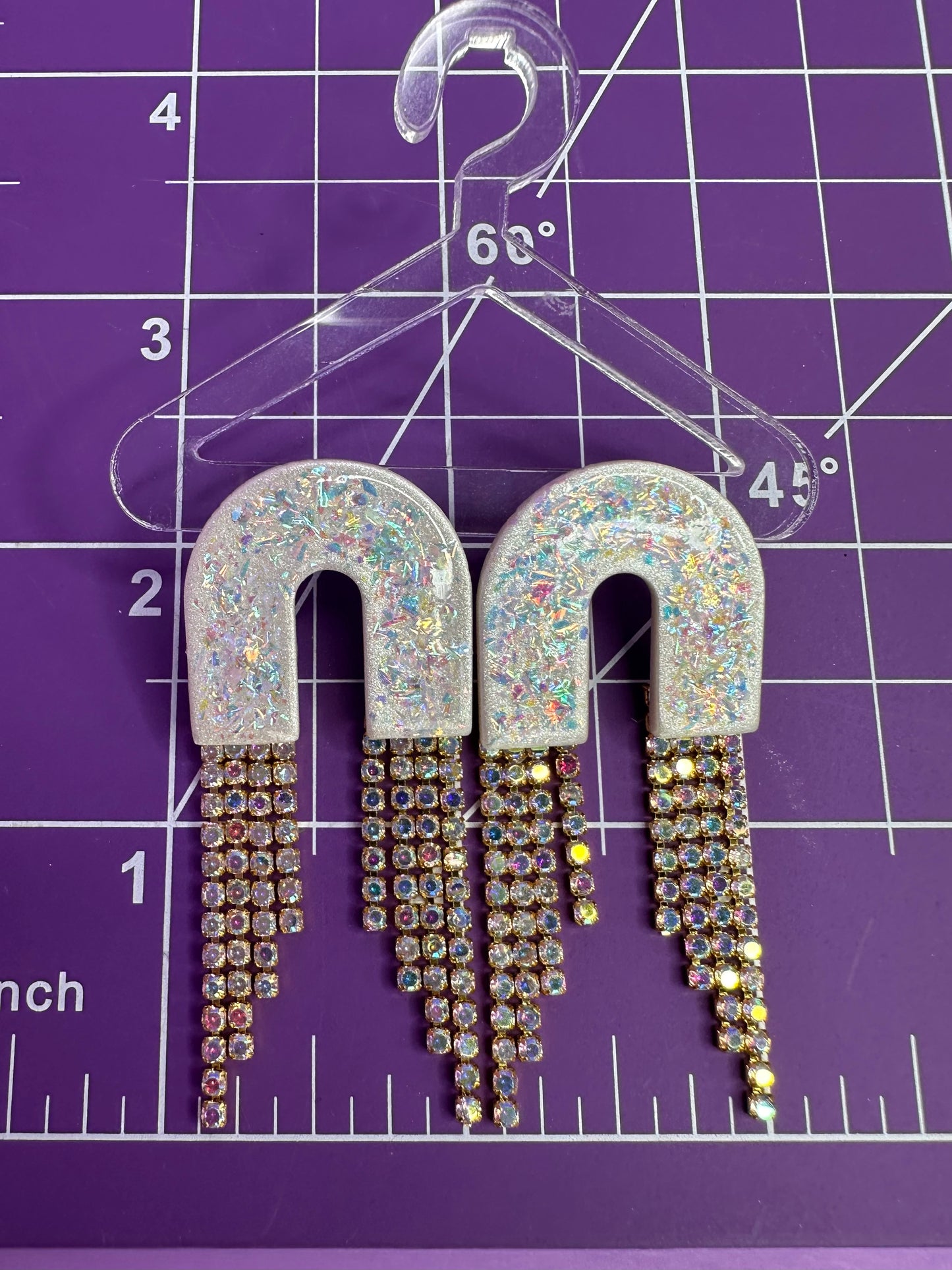 Skye Medium Arch Short in Opalescent Pearl & Gold Rainbow Rhinestone Fringe Cascading Arch Statement Earrings