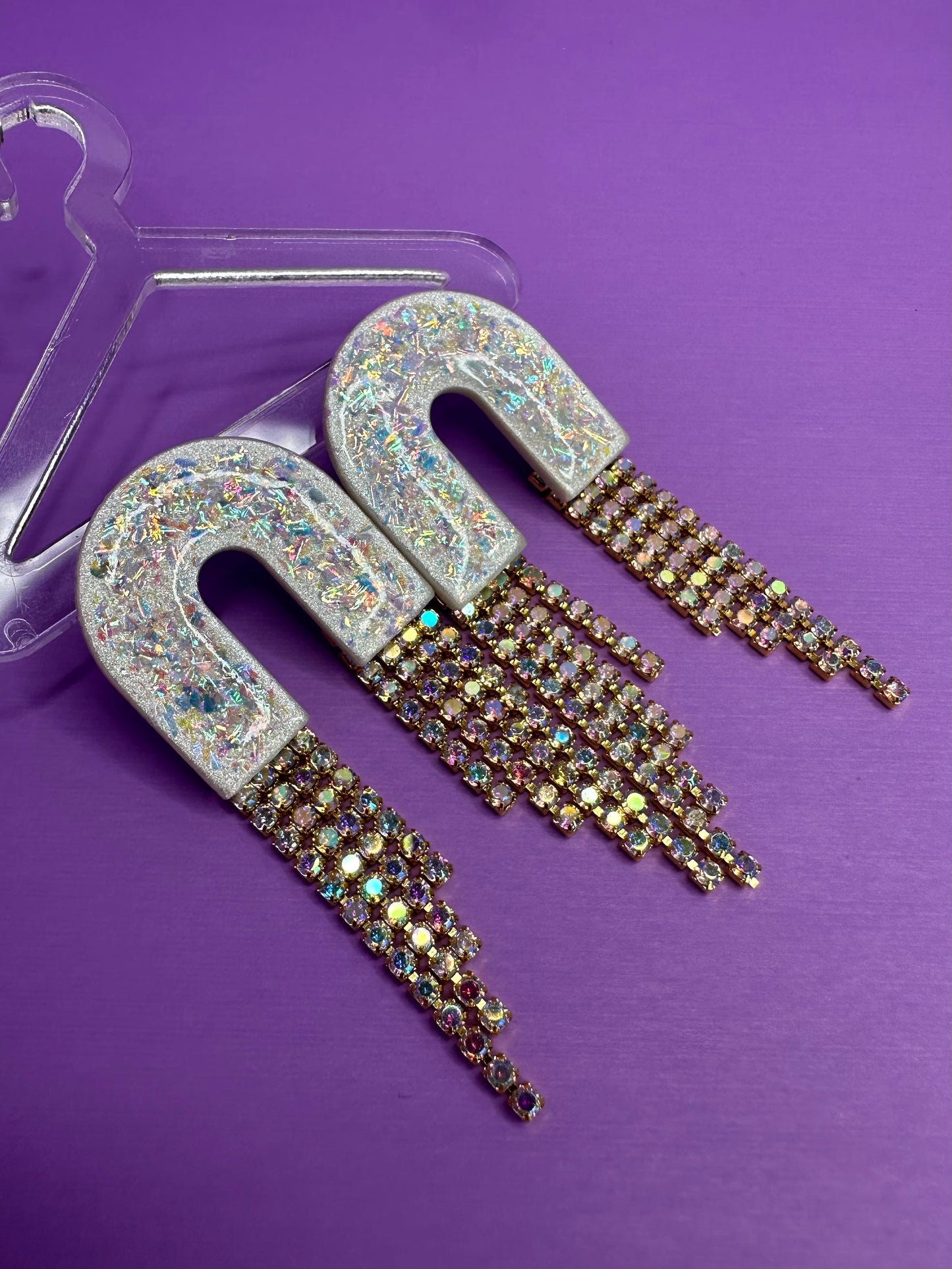 Skye Medium Arch Short in Opalescent Pearl & Gold Rainbow Rhinestone Fringe Cascading Arch Statement Earrings