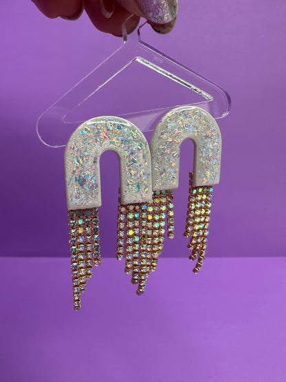 Skye Medium Arch Short in Opalescent Pearl & Gold Rainbow Rhinestone Fringe Cascading Arch Statement Earrings