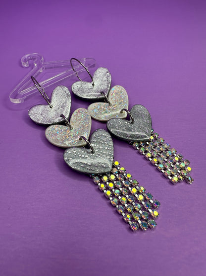 Juliet Triple Opalescent, Silver & Chrome - Stacked Heart Rainbow Rhinestone Fringe Earrings