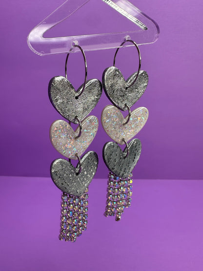 Juliet Triple Opalescent, Silver & Chrome - Stacked Heart Rainbow Rhinestone Fringe Earrings