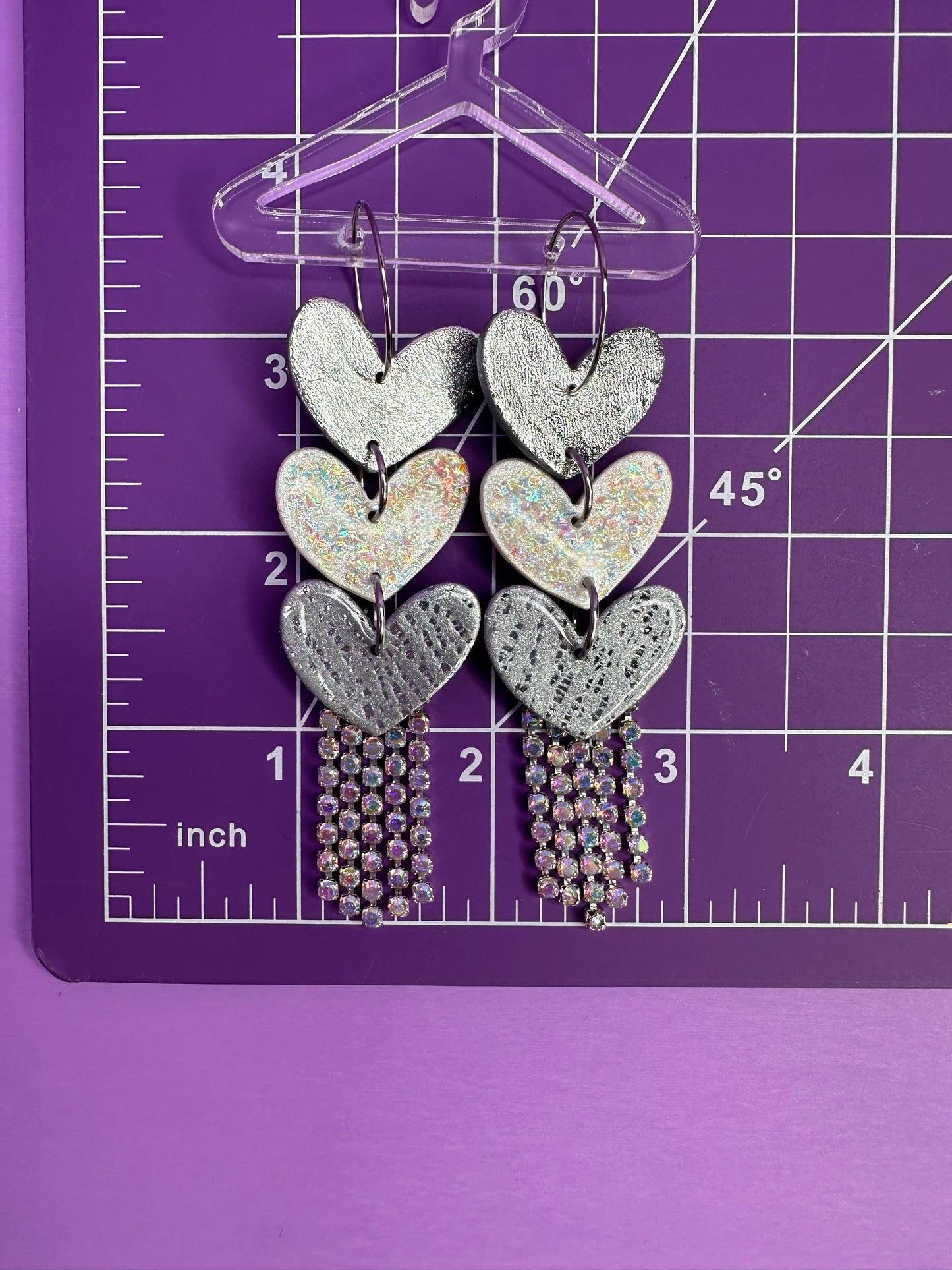 Juliet Triple Opalescent, Silver & Chrome - Stacked Heart Rainbow Rhinestone Fringe Earrings