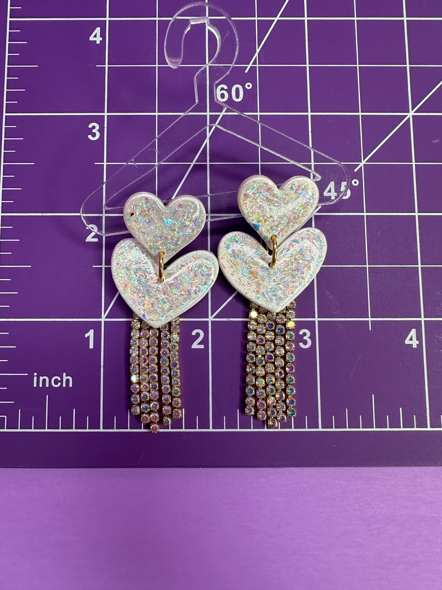 Juliet in Gold & Opalescent Pearl - Stacked Heart Rainbow Rhinestone Fringe Earrings