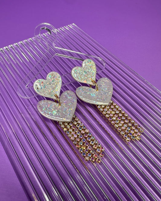 Juliet in Gold & Opalescent Pearl - Stacked Heart Rainbow Rhinestone Fringe Earrings