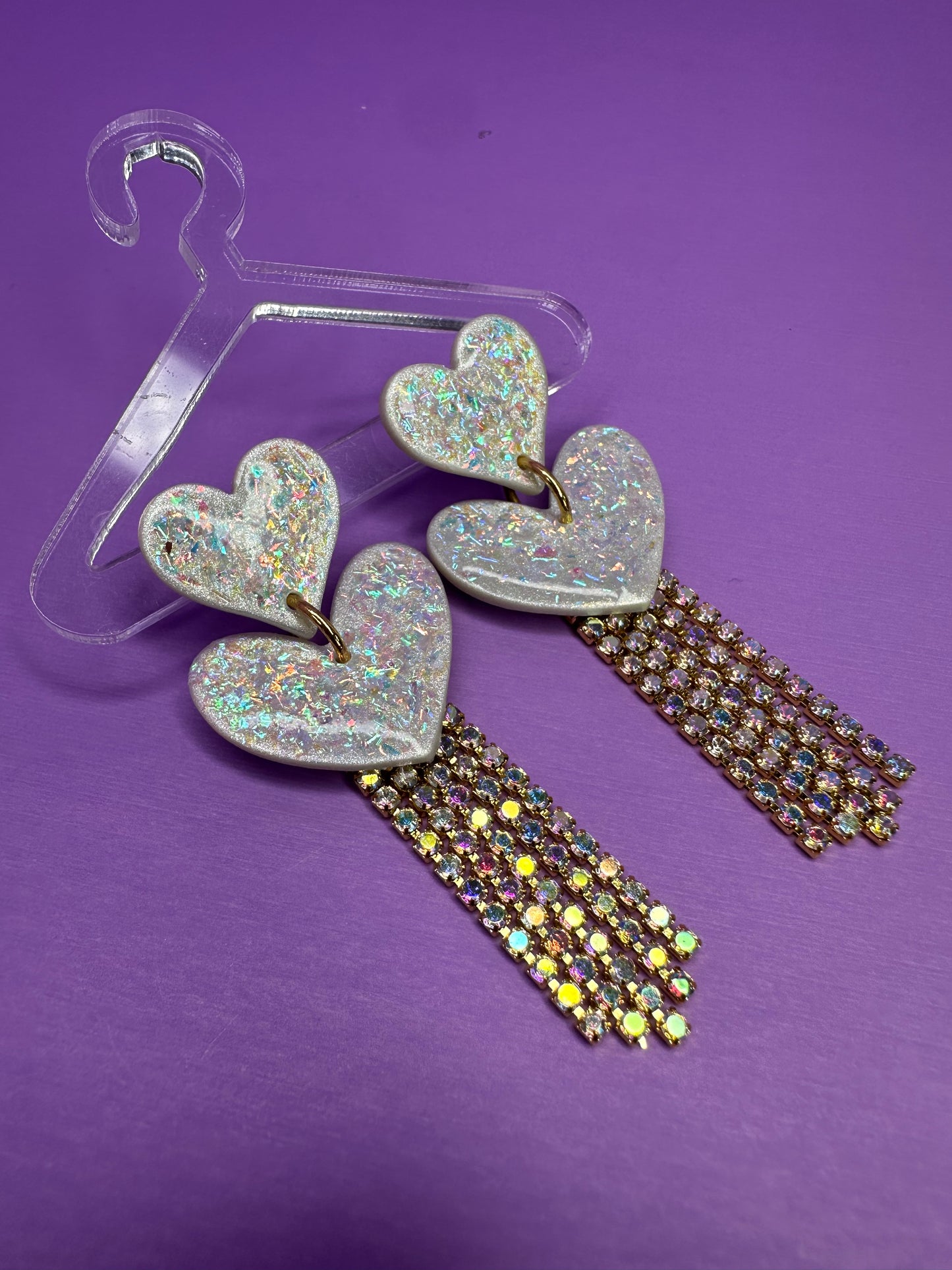 Juliet in Gold & Opalescent Pearl - Stacked Heart Rainbow Rhinestone Fringe Earrings