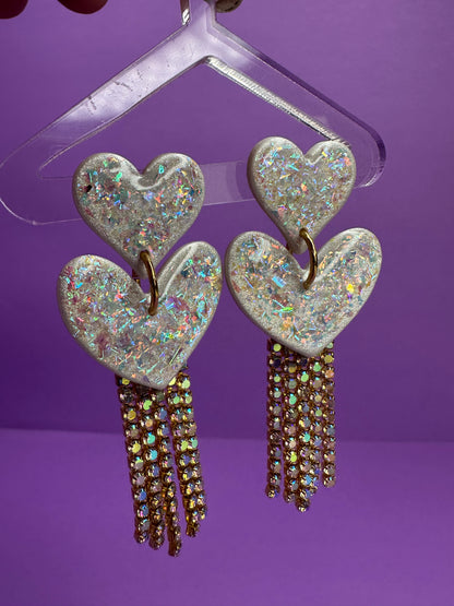 Juliet in Gold & Opalescent Pearl - Stacked Heart Rainbow Rhinestone Fringe Earrings