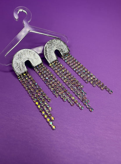 Skye Small Arch Long in Chrome & Silver Rainbow Rhinestone Fringe Cascading Arch Statement Earrings