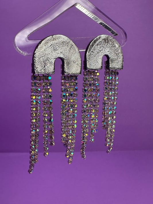 Skye Small Arch Long in Chrome & Silver Rainbow Rhinestone Fringe Cascading Arch Statement Earrings