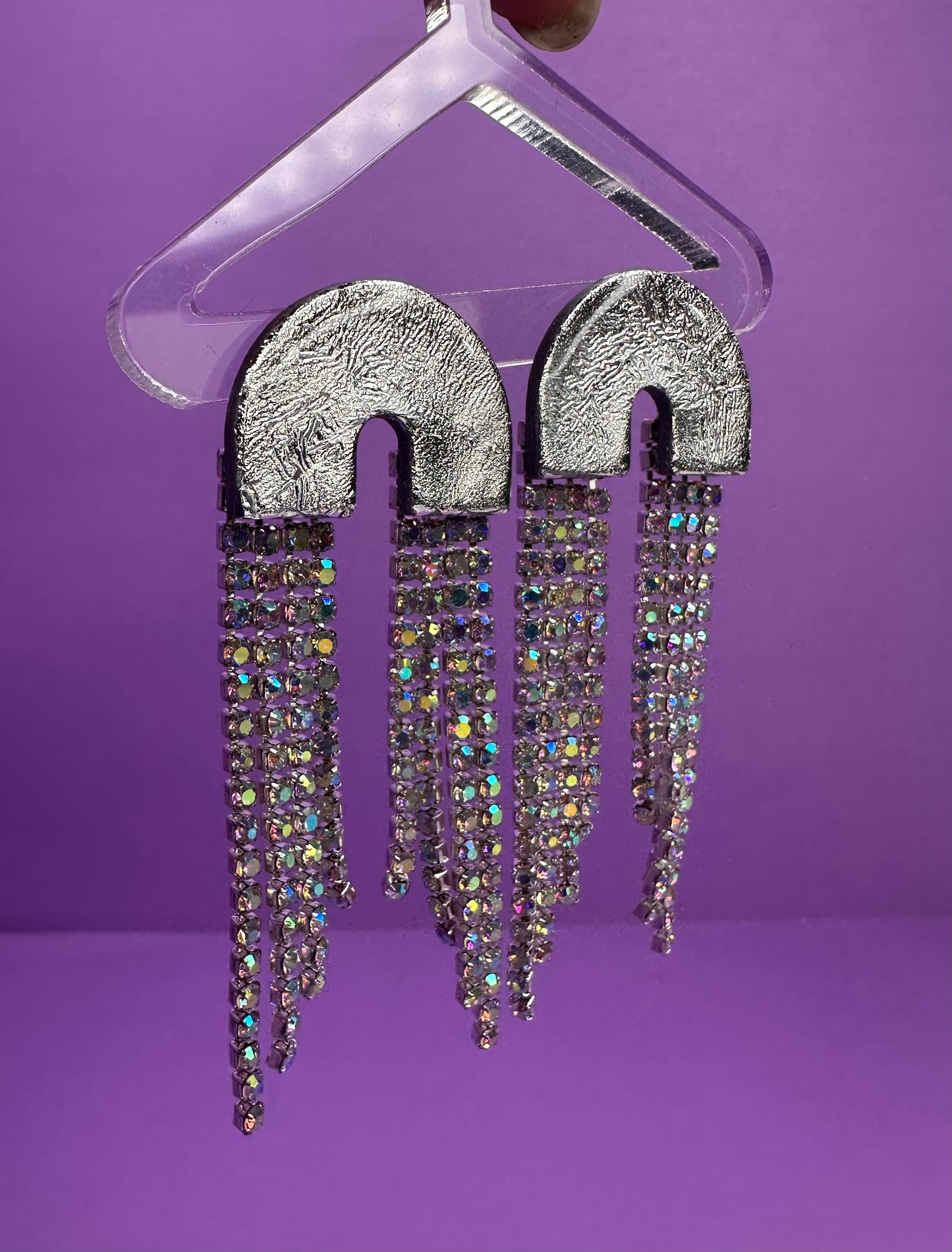 Skye Small Arch Long in Chrome & Silver Rainbow Rhinestone Fringe Cascading Arch Statement Earrings