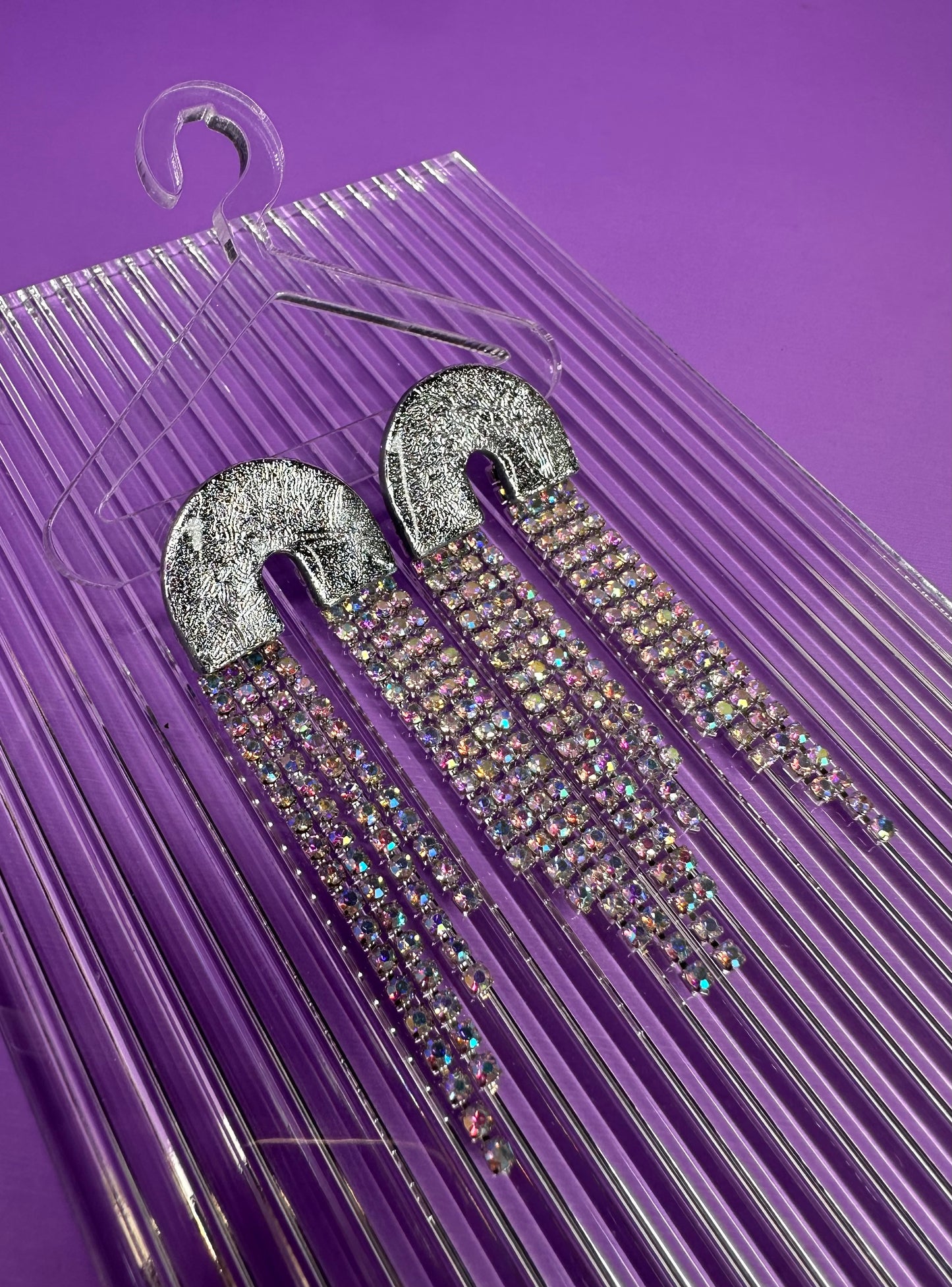 Skye Small Arch Long in Chrome & Silver Rainbow Rhinestone Fringe Cascading Arch Statement Earrings