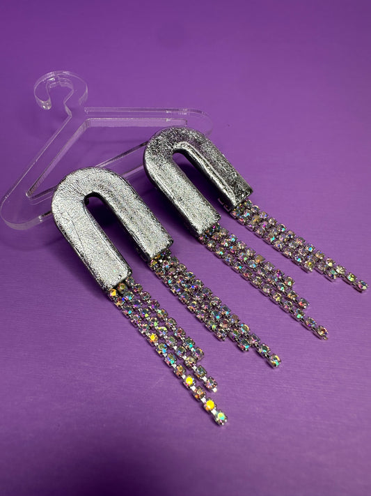 Skye Sleek Arch Short in Chrome & Silver Rainbow Rhinestone Fringe Cascading Arch Statement Earrings
