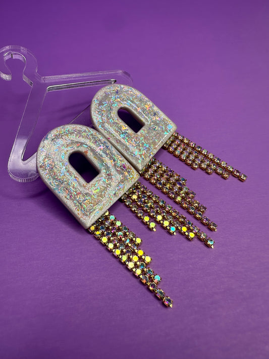 Scout Art Deco Arched Window in Opalescent Pearl & Gold Rainbow Rhinestone Fringe Statement Earrings