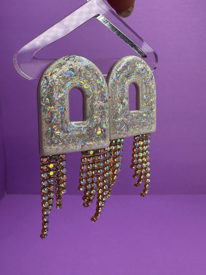 Scout Art Deco Arched Window in Opalescent Pearl & Gold Rainbow Rhinestone Fringe Statement Earrings