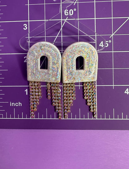 Scout Art Deco Arched Window in Opalescent Pearl & Gold Rainbow Rhinestone Fringe Statement Earrings