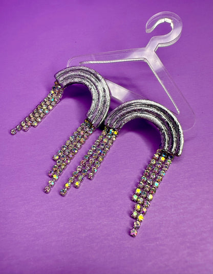 Silvie Wide Arch Short in Chrome & Silver Rainbow Rhinestone Fringe Cascading Arch Statement Earrings