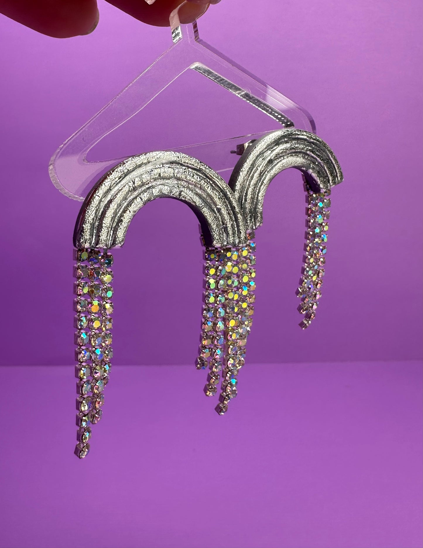 Silvie Wide Arch Short in Chrome & Silver Rainbow Rhinestone Fringe Cascading Arch Statement Earrings