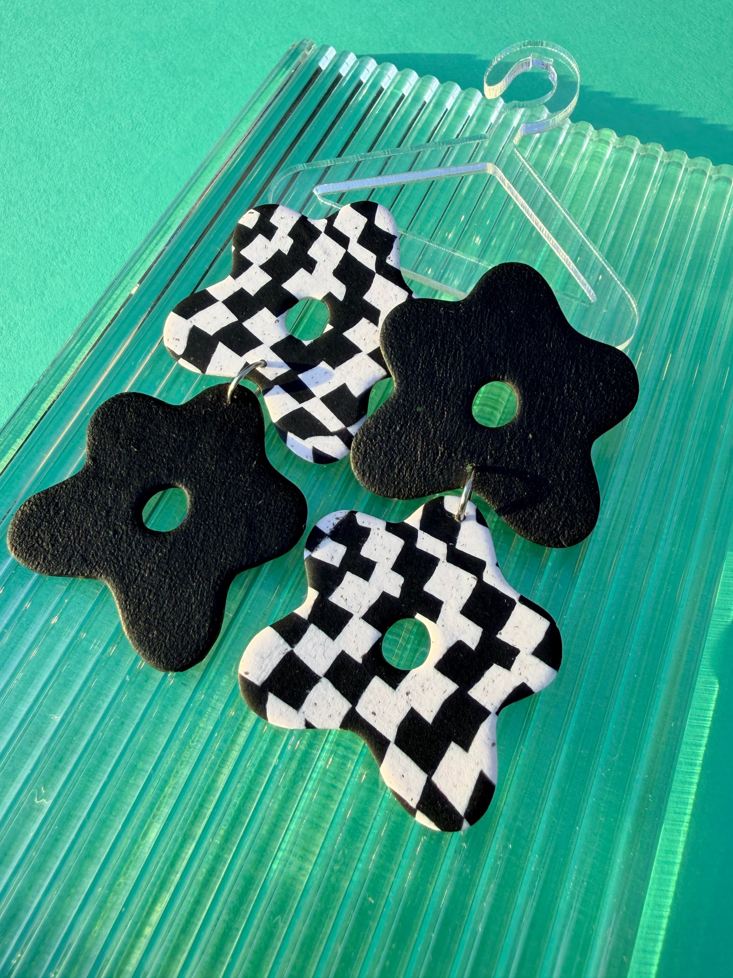 Flora - Wonky Checkerboard Double Flower Statement Earrings