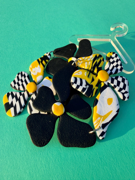 Dizzy Susan - Asymmetric Wonky Egg Checkerboard Double Flower Earrings