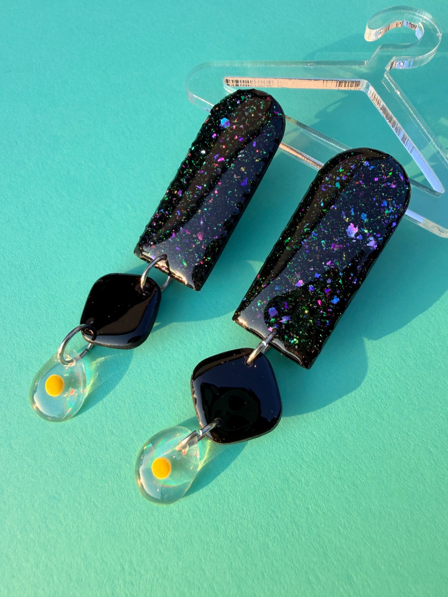 Renee - Black & Iridescent Egg or Scrambled & Fried Egg Statement Earrings
