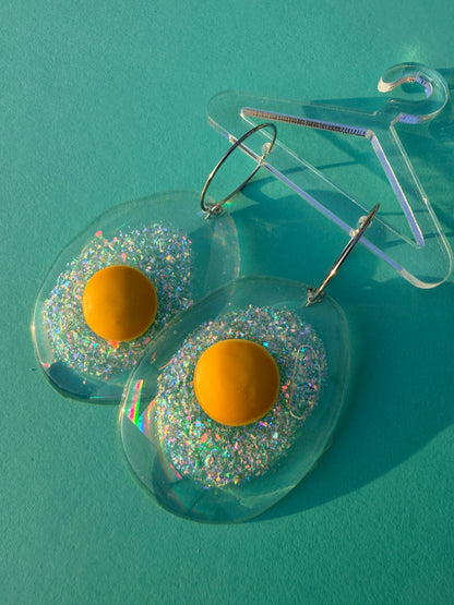 Ella Egg - Iridescent Sparkly Fried Egg Statement Earring Hoops