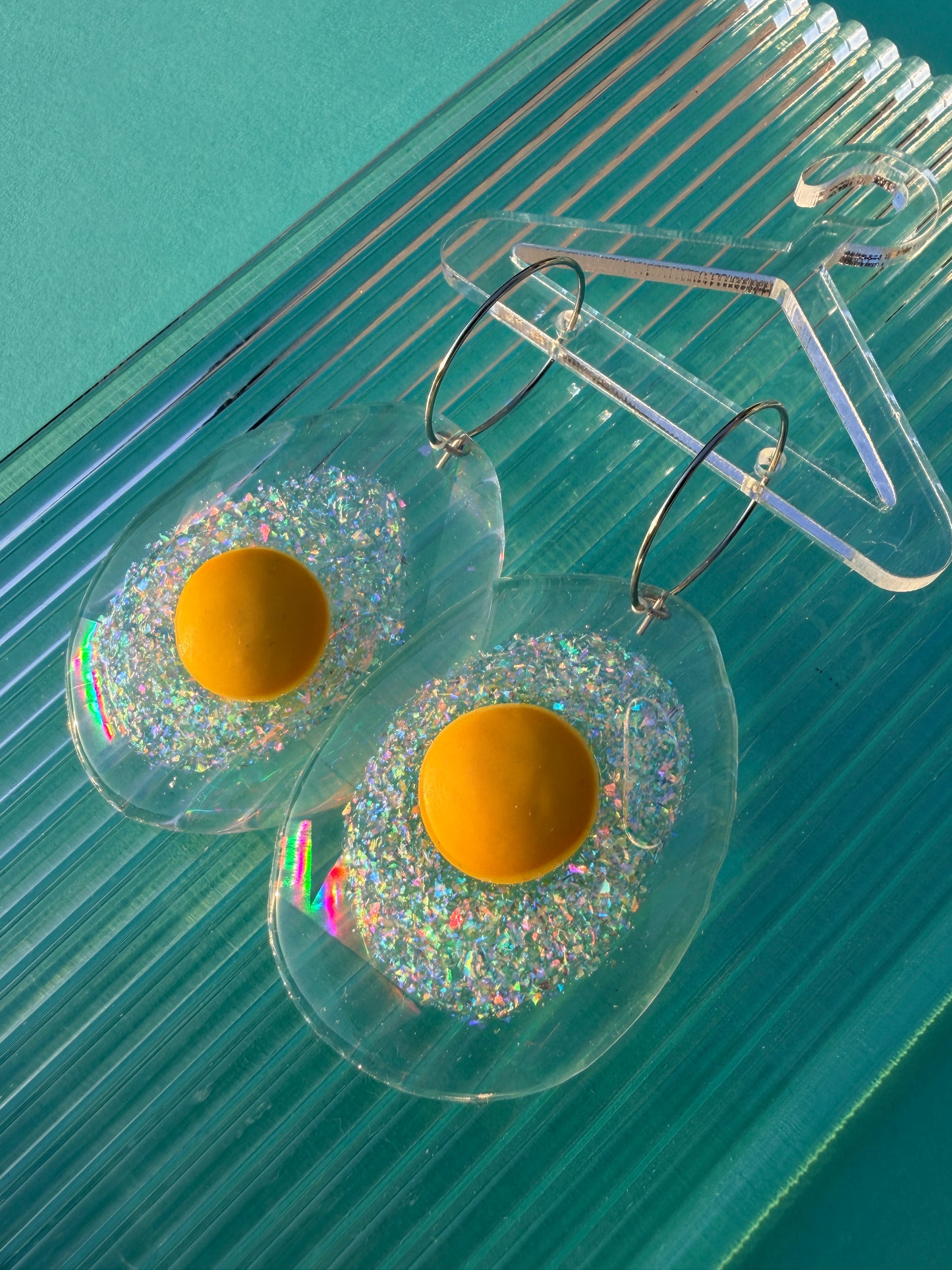 Ella Egg - Iridescent Sparkly Fried Egg Statement Earring Hoops