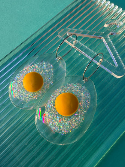 Ella Egg - Iridescent Sparkly Fried Egg Statement Earring Hoops