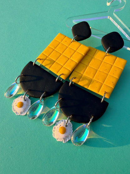 Talia - Checkerboard Tile Scrambled & Fried Egg Geometric Statement Earrings