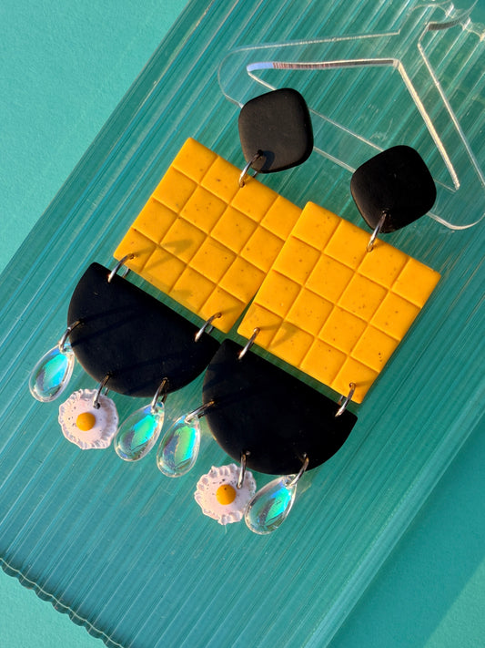 Talia - Checkerboard Tile Scrambled & Fried Egg Geometric Statement Earrings