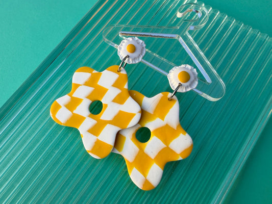Flora - Wonky Checkerboard, Egg & Abstract Single Flower Statement Earrings