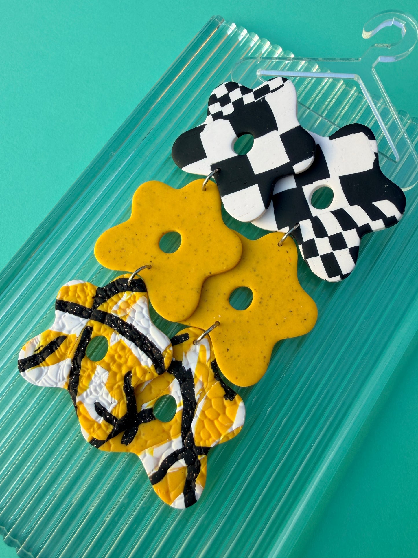 Triple Flower Black, White & Yellow Abstract Graphic Statement Earrings