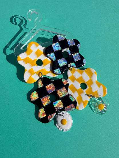 Flora + Eggs - Wonky Checkerboard Double Flower Statement Earrings