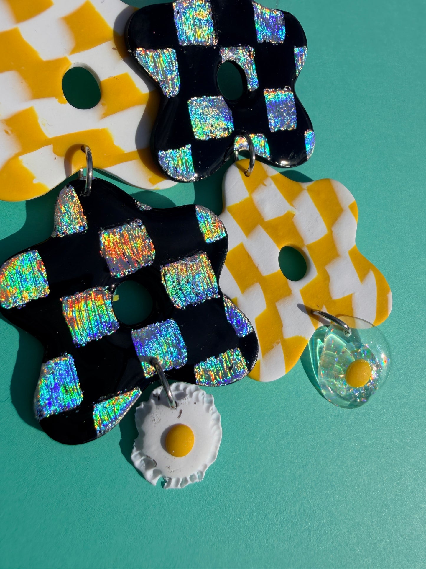 Flora + Eggs - Wonky Checkerboard Double Flower Statement Earrings