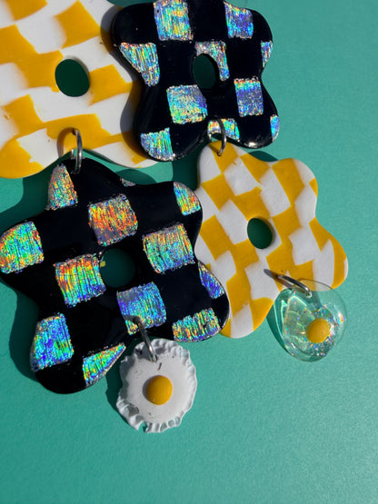 Flora + Eggs - Wonky Checkerboard Double Flower Statement Earrings