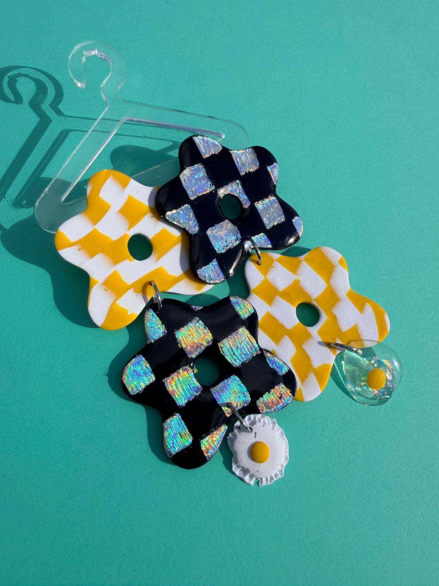 Flora + Eggs - Wonky Checkerboard Double Flower Statement Earrings