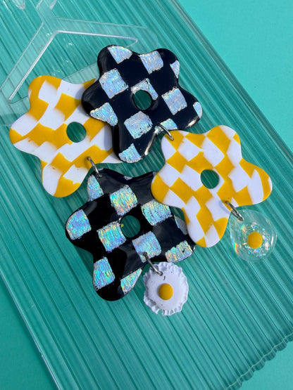 Flora + Eggs - Wonky Checkerboard Double Flower Statement Earrings