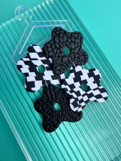 Flora - Wonky Checkerboard Double Flower Statement Earrings