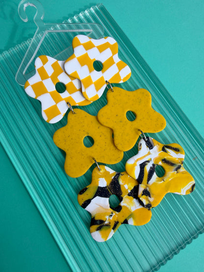 Triple Flower Black, White & Yellow Abstract Graphic Statement Earrings