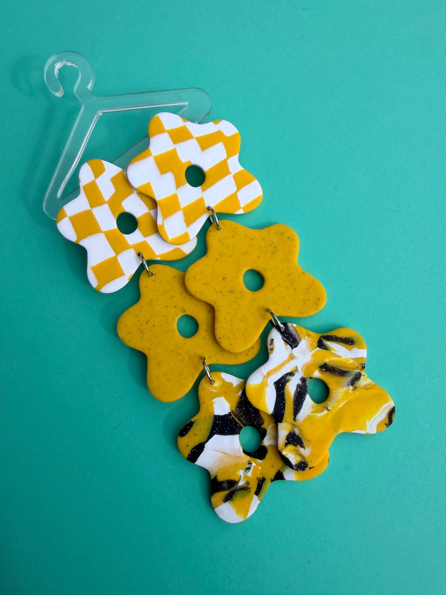 Triple Flower Black, White & Yellow Abstract Graphic Statement Earrings