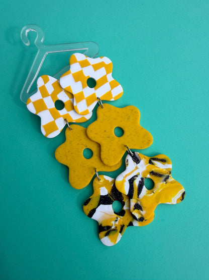 Triple Flower Black, White & Yellow Abstract Graphic Statement Earrings