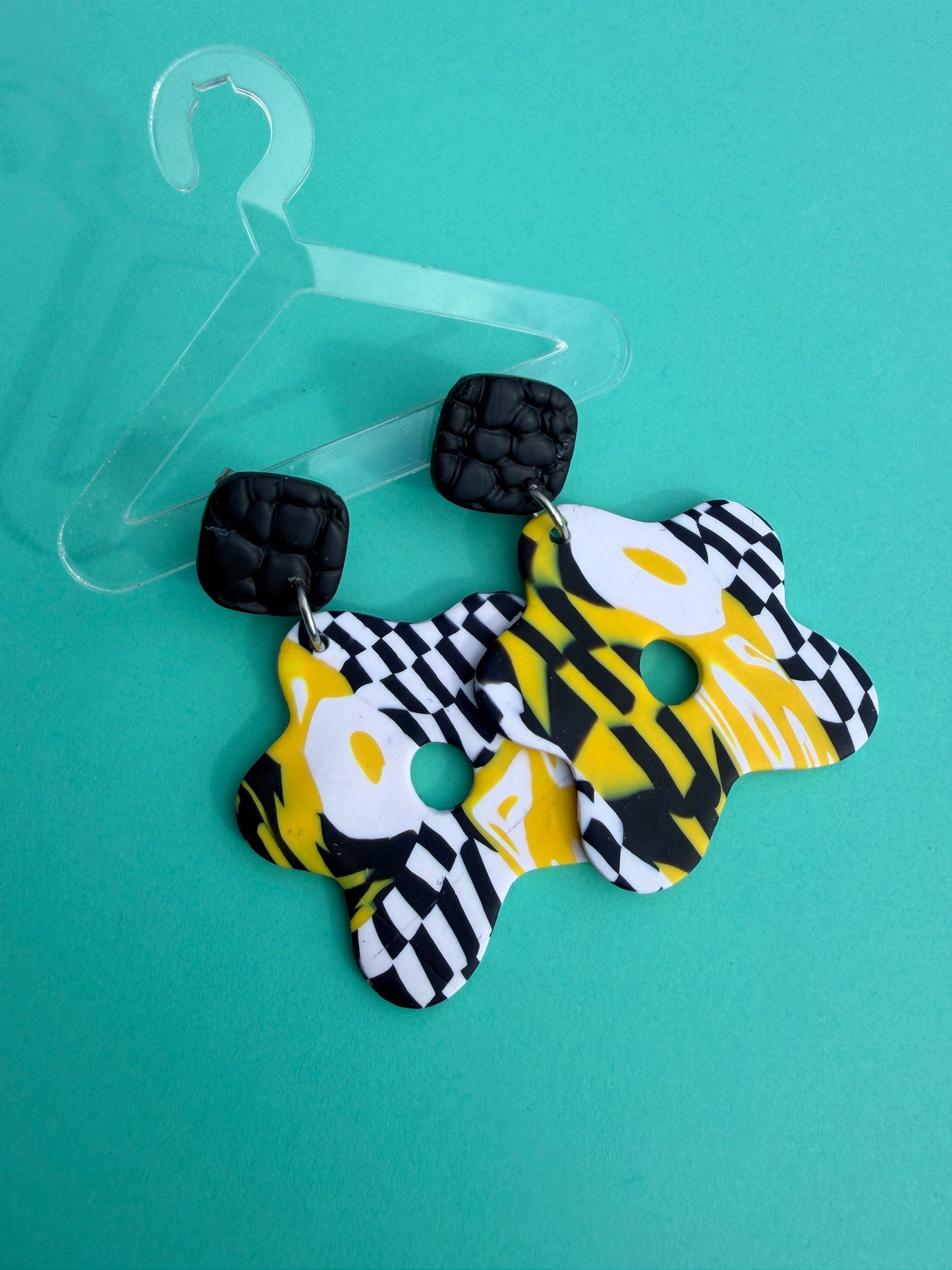 Flora - Wonky Checkerboard, Egg & Abstract Single Flower Statement Earrings