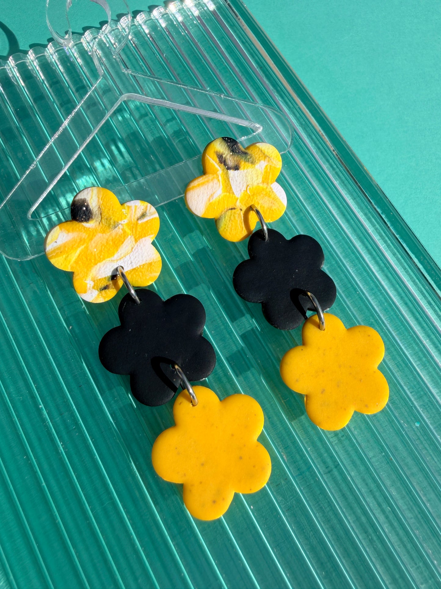 Triple Mini Flower Drop - Abstract, Black, White & Yellow Statement Earrings