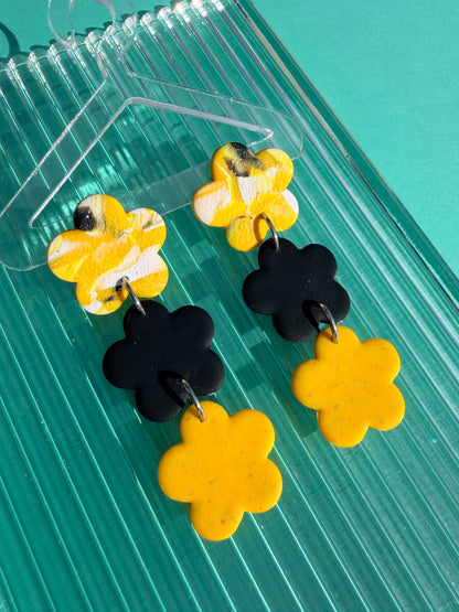 Triple Mini Flower Drop - Abstract, Black, White & Yellow Statement Earrings