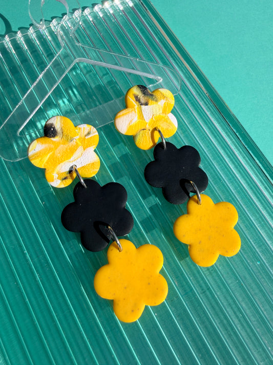 Triple Mini Flower Drop - Abstract, Black, White & Yellow Statement Earrings