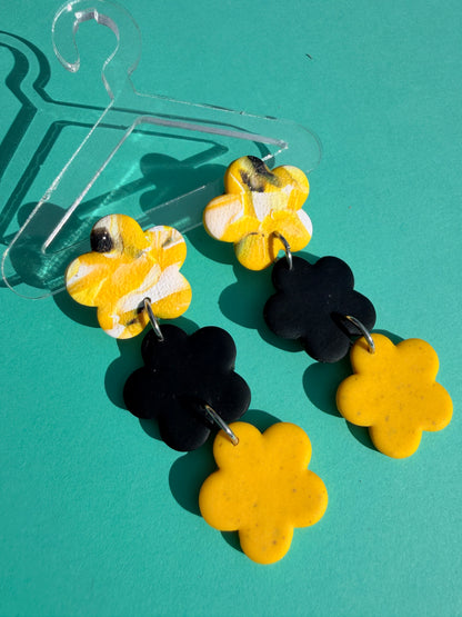 Triple Mini Flower Drop - Abstract, Black, White & Yellow Statement Earrings